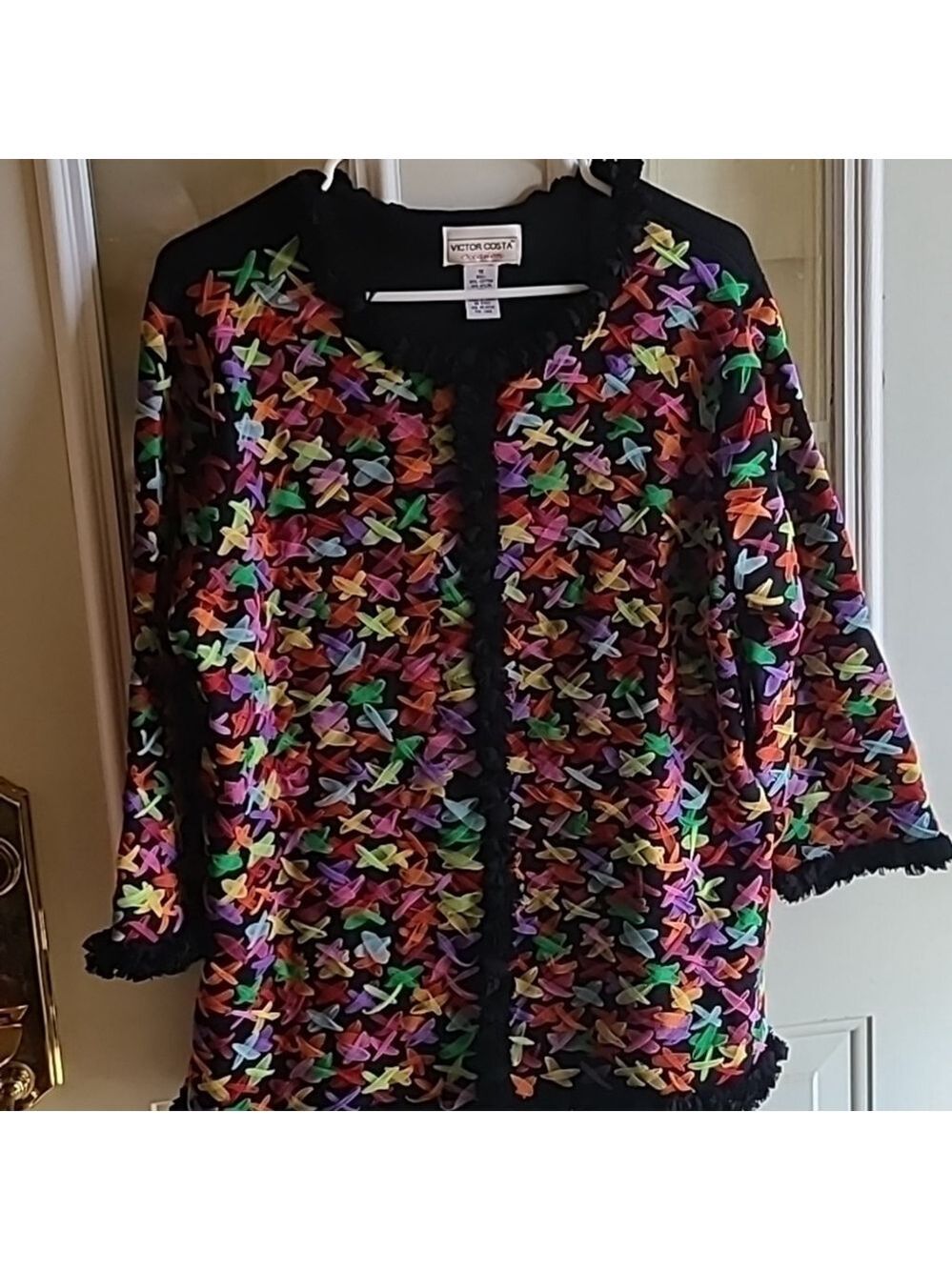 Victoria Costa occasion black sweater with colorful gauze ribbon sz. 1X.(1593A)